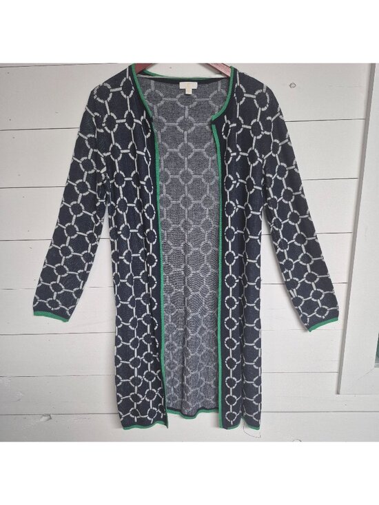 C By Bloomingdales Sweaters - C by Bloomingdales Women's Navy & White Chain Pattern Open Front Cardigan
